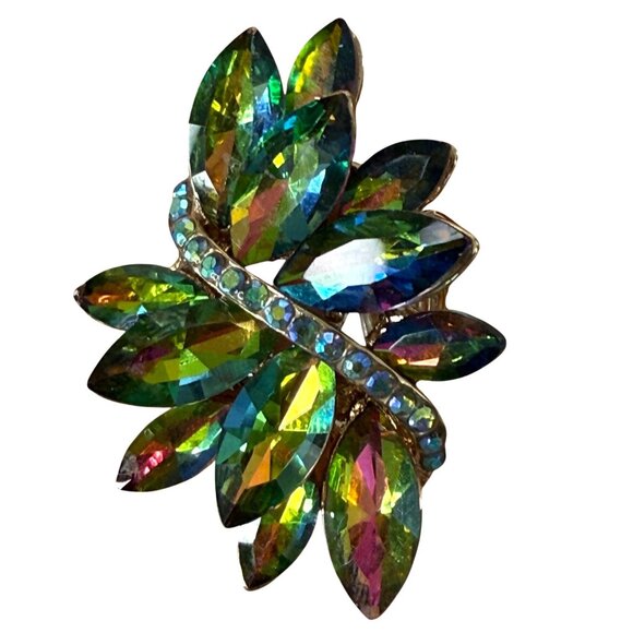 Vine Marquis Stone Aurora Borealis Green Stretch Statement Ring Size 7-8 - Picture 1 of 13